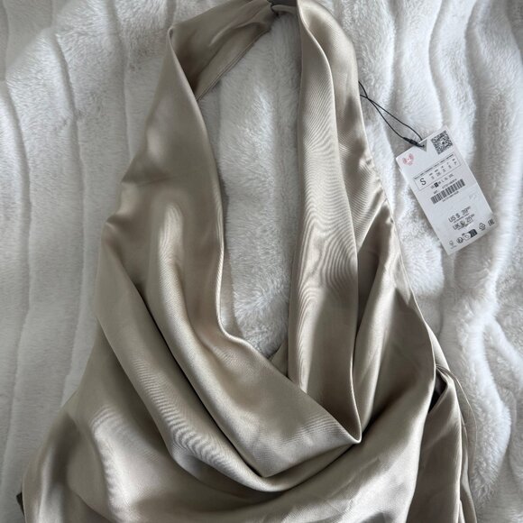 NWT Zara Draped Satin Effect Halter Top Gray/Beige - Size S (Sold Out Online) - Picture 4 of 4